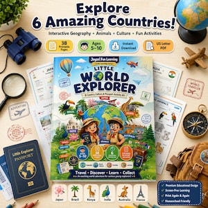 May include: A Little World Explorer activity kit featuring a central book with a globe illustration, surrounded by printable geography pages, a blue passport, binoculars, a magnifying glass, a compass, and a small wooden aeroplane model.