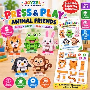 May include: A printable paper toy collection titled Press & Play Animal Friends by Joyzel Fun Learning. The set includes five buildable animal figures: a cat, frog, bunny, penguin, and monkey, along with instructional sheets for assembly.