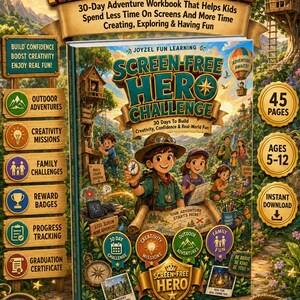 Puede incluir: Un libro de ejercicios de aventuras de 30 días titulado Screen-Free Hero Challenge, con ilustraciones de niños explorando al aire libre, un mapa del tesoro, una brújula y texto que detalla 45 páginas de misiones creativas para edades de 5 a 12 años.