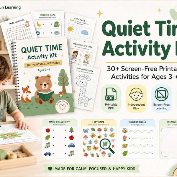 Kids Quiet Time Activity Kit, Ages 3-6, Screen-Free Learning Printables (PDF)