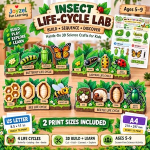 Peut inclure: Kit Joyzel Fun Learning Insect Life-Cycle Lab avec des projets scientifiques 3D pour enfants. Inclut quatre cycles de vie : papillon, coccinelle, abeille et scarabée. Montre les étapes de l'œuf à l'adulte. Formats US Letter et A4 210 x 297 mm inclus.