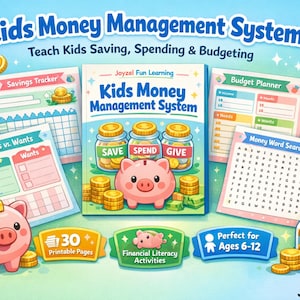 以下が含まれることがあります： 「Kids Money Management System」と題された、本、ワークシート、貯金箱を備えたカラフルな教育セット。貯蓄、支出、予算編成を教えます。貯蓄トラッカー、予算プランナー、お金のワードサーチが含まれています。対象年齢は6～12歳です。