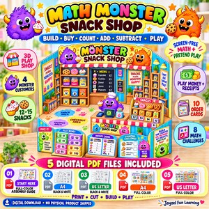 Könnte beinhalten: Ein farbenfrohes, ausdruckbares Math Monster Snack Shop Spielset mit Ladentheke, Regalen mit Snacks, Monsterfiguren, Spielgeld, Quittungen und Bestellkarten. Das Set enthält fünf digitale PDF-Dateien zum Ausdrucken und Zusammenbauen.