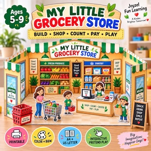 Może przedstawiać: Zestaw do zabawy z tektury My Little Grocery Store z półkami wypełnionymi produktami spożywczymi, kasą, wózkiem sklepowym i wyciętymi postaciami. Zestaw zawiera znaki z napisami takimi jak Build, Shop, Count, Pay, Play i inne.
