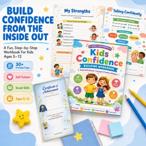 Puede incluir: Un libro de ejercicios Kids Confidence con una portada colorida que muestra a dos niños, rodeado de páginas de actividades, un certificado de logros, un objeto en forma de estrella amarilla, un cuaderno de espiral azul y dos lápices.
