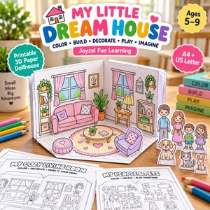 May include: A printable 3D paper dollhouse kit titled My Little Dream House, featuring a colorable living room scene with a sofa, armchair, and coffee table. Includes paper figures of people and pets, plus activity sheets for ages 5-9.