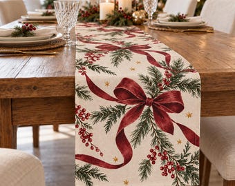 Weihnachtlicher Tischläufer mit burgunderroten Schleifen, Tannenzweigen und roten Beeren, Vintage-Weihnachtsdekoration