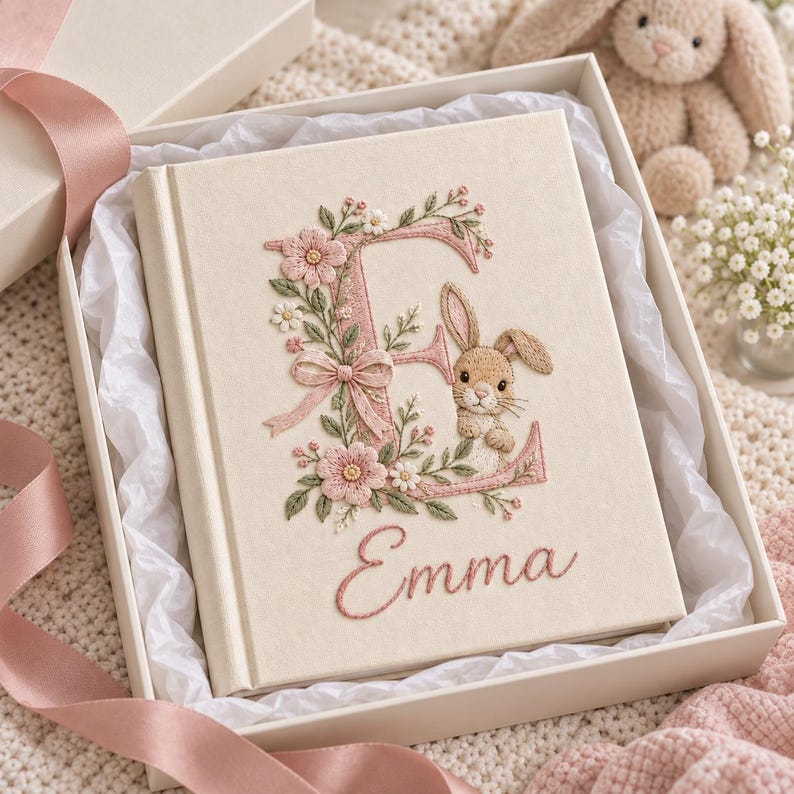 May include: A cream-colored fabric-covered book featuring an embroidered large letter E decorated with pink flowers, green leaves, a small bow, and a brown bunny. The name Emma is embroidered in pink cursive script below the letter E.