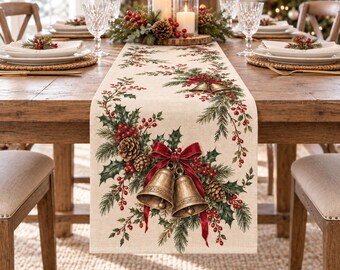 Weihnachtlicher Tischläufer mit Vintage-Goldglöckchen, roter Schleife, Stechpalmen- und Kiefernmotiv – Vintage-Weihnachtstischdekoration