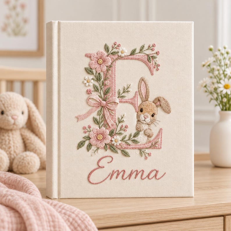 May include: A cream-colored fabric-covered book featuring an embroidered design of the letter E in pink, decorated with floral vines, a small bow, and a brown bunny. The name Emma is embroidered in pink cursive script below the letter.
