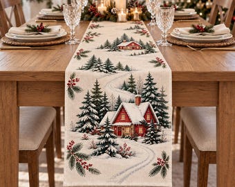 Weihnachtstischläufer „Schneerotes Landhaus“ – Winterlicher Kiefernwald – Rustikale Festtagsdekoration – Vintage-Weihnachtstischläufer