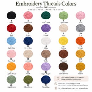 May include: A color chart titled Embroidery Threads Colors featuring 28 numbered circular swatches of thread in various shades including black, pink, green, red, brown, purple, beige, gray, blue, white, yellow, orange, gold, and amber.