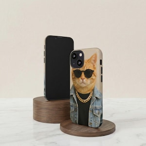 Coque de portable cool avec chat, veste en jean avec lunettes de soleil chat, décorations hip hop amusantes, coque antichoc double couche pour iPhone Samsung Pixel