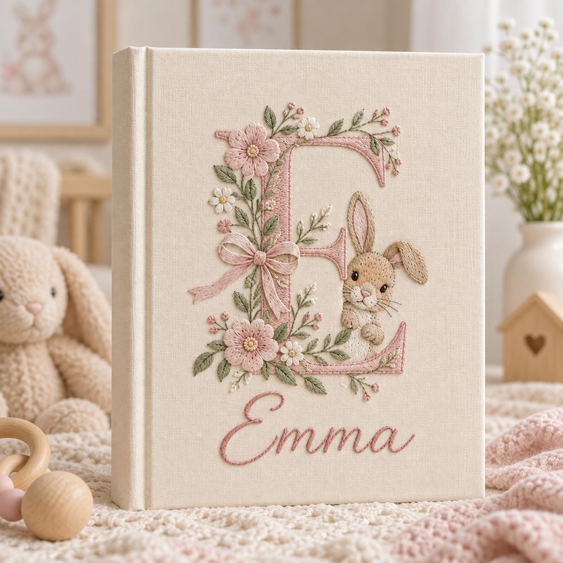 May include: A cream-colored fabric-covered book featuring an embroidered large letter E decorated with pink flowers, green leaves, and a small brown rabbit. Below the letter, the name Emma is embroidered in pink cursive script on the front cover.
