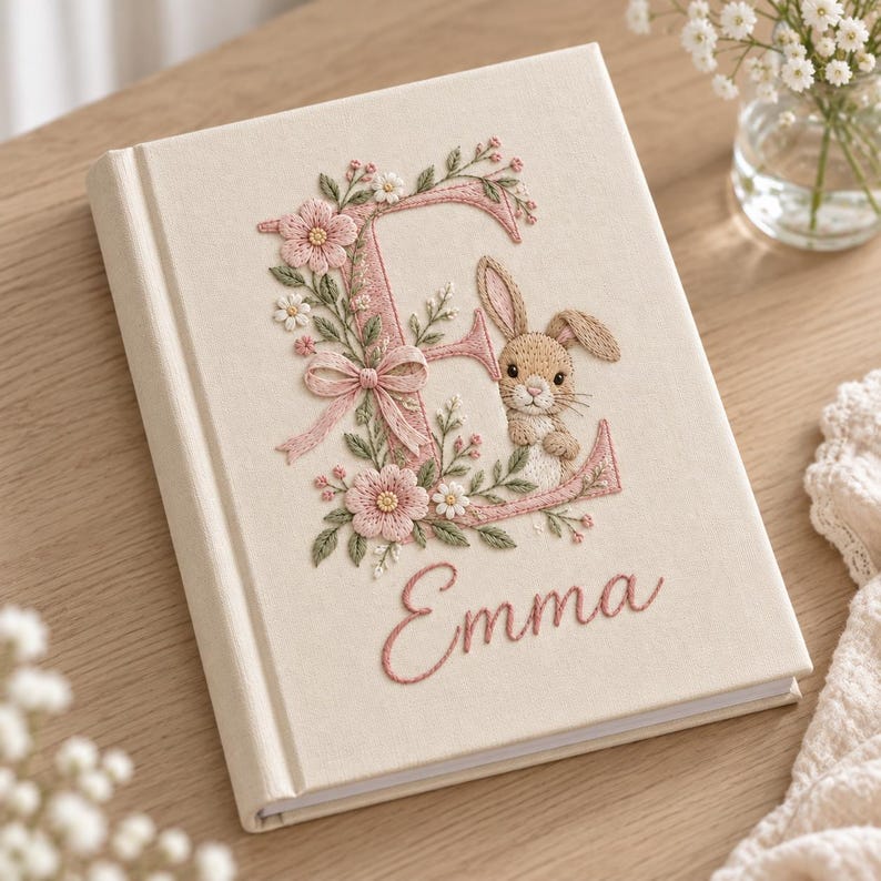 May include: A cream-colored hardcover book featuring intricate embroidery on the front cover. The design includes a large letter E decorated with pink flowers, green leaves, a small bow, and a brown rabbit. The name Emma is embroidered below.