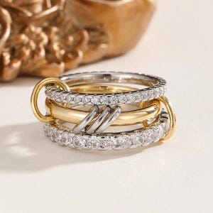 SPINELLI KILCOLLIN Band, Moissanite Eternity Band With Multi Link Ring, Plain Band With 3 Small Ring Interlocking, Stacking Spinner Bands