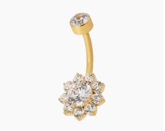 14K Gold Flower Belly Button Ring | Diamond Navel Piercing | Floral Dangle Belly Ring | Minimalist Luxury Body Jewelry Gift