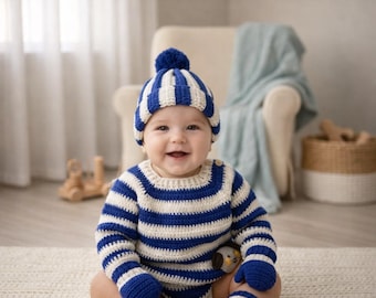 Crochet Baby Outfit Set Blue White Striped, Handmade Baby Sweater Hat Mittens Socks, Newborn Infant Gift, Winter Baby Clothes, Baby Shower