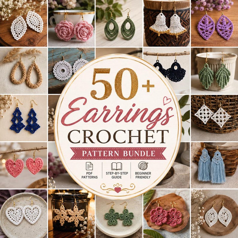 Collection of 50+ crochet earring PDF patterns displayed in a premium collage featuring boho crochet earrings, statement earrings, lightweight lace earrings, floral designs, beginner-friendly crochet jewelry tutorials, and instant download digital patterns.