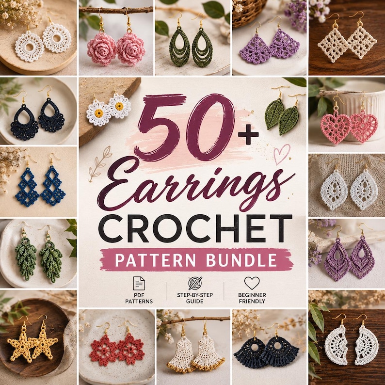 Premium collage featuring 50+ crochet earring patterns bundle with handmade lace earrings, boho earrings, floral earrings, geometric earrings, tassel earrings, leaf earrings, heart earrings, teardrop earrings, and modern crochet jewelry PDF patterns for instant download.