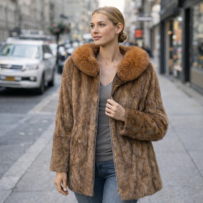 May include: A brown fur coat with a large, lighter-colored collar. The coat has a zipper closure and is worn over a gray top and blue jeans. The coat appears to be knee-length and is worn outdoors.