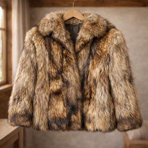 May include: A brown and black faux fur coat hangs on a wooden hanger. The coat has a wide collar and a soft, textured appearance. The color palette includes shades of brown, tan, and black, creating a natural, luxurious look. The coat is a classic outerwear piece.