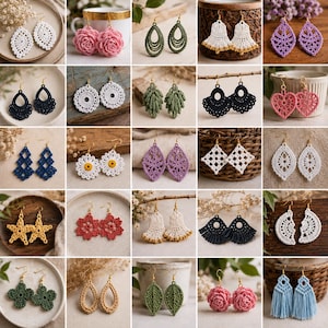 Luxury collage showcasing handmade crochet earrings in over 50 unique styles including leaf earrings, mandala earrings, heart earrings, tassel earrings, geometric earrings, lace earrings, and bohemian crochet jewelry pattern bundle PDF.