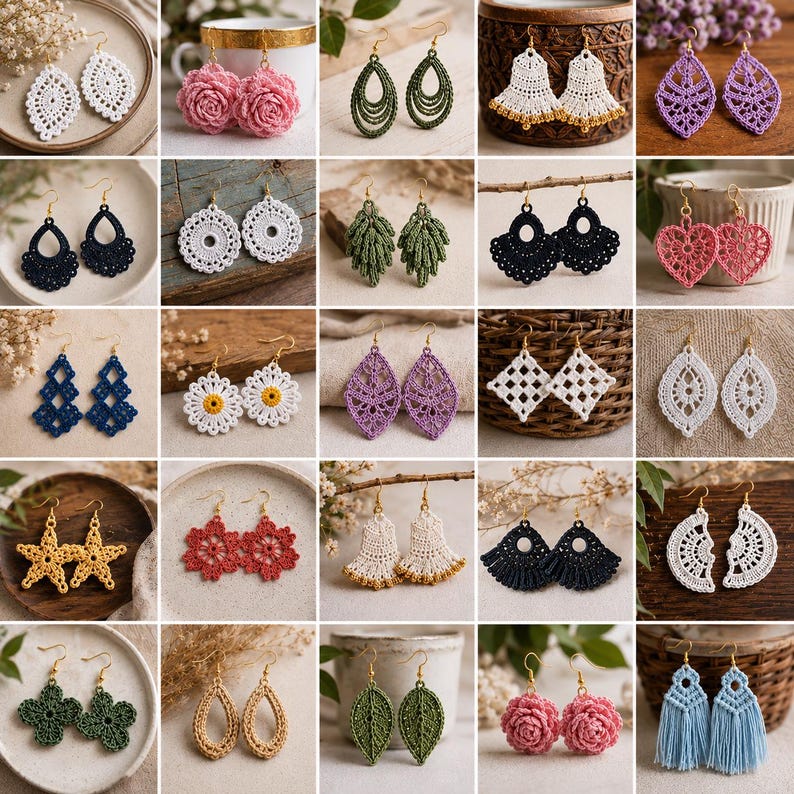 Luxury collage showcasing handmade crochet earrings in over 50 unique styles including leaf earrings, mandala earrings, heart earrings, tassel earrings, geometric earrings, lace earrings, and bohemian crochet jewelry pattern bundle PDF.