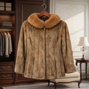 May include: A brown faux fur coat with a large, rounded collar. The coat is hanging on a wooden hanger. The fur has a vertical pattern and a warm, neutral color.
