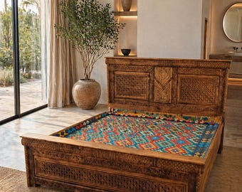 Estructura de cama doble de madera de sheesham hecha a mano, cama de estilo antiguo con intrincados tallados, muebles de dormitorio rústicos bohemios, cama con plataforma de madera maciza