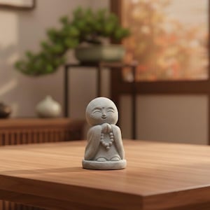 May include: A small, gray stone statue of a smiling monk with hands clasped in prayer. The monk wears a robe and a beaded necklace. The statue is on a wooden surface, with a blurred background featuring plants and furniture.