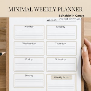Weekly Planner Printable undated | minimal productivity planner | Editable Canva Template | Digital Download | Minimalist Planner PDF