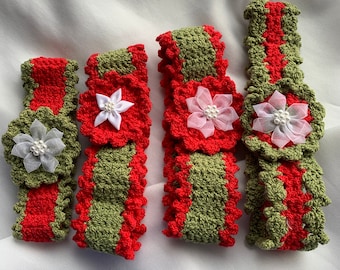 Stretch Headbands for Christmas Red and Green with Flower ~ Holiday Headbands ~ Christmas Headband  ~ Newborn - 12 months dcoycrochetsforyou