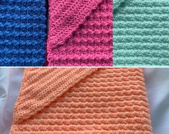 Hooded Baby Blanket Many Colors Available Size 28" x 28" New Baby Gift  Denim ~ Pink ~ Pastel Green ~ Peach FREE SHIPPING dcoycrochetsforyou