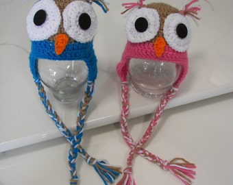 Owl Earflap Hats Cute  Boy or Girl Owl Hats - Photo Prop -  Ready to Ship in Pink or  Custom Colors