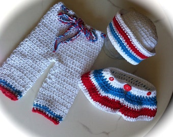 3 pc. Set Sailor Hat, Pants, Skirt Diaper Cover ~ Photo Prop ~ Cotton Yarn ~ Red White and Blue Newborn ~ dcoycrochetsforyou