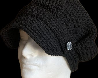 Handmade Crocheted Black Cotton Newsboy Hat, Adult Size