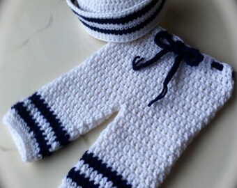 Newborn 2 Pc Sailor Hat and Pants Set  Photo Prop  White and Navy Blue Photo Prop Newborn to 18 Months