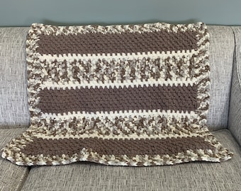 Crocheted Blanket Multi-Brown Striped Chenille Yarn 29" x 33" Machine Wash ~ Great Lap or Baby Blanket dcoycrochetsforyou Ready to Ship