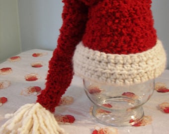 CHRISTMAS Santa Long Tail Elf Hat Red with Winter White Trim  Size 3-6 Months Christmas Stocking Hat Christmas Photo Prop DCOYCROCHETSFORYOU