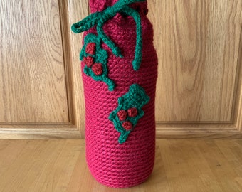 Holiday Gift Bags Red with Holly Berry ~  Draw String ~ Crocheted Gift Bag for Seasonal Gifts ~ Re-usable ~ dcoycrochetsforyou