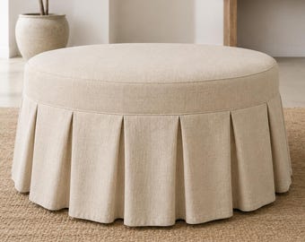 Handgefertigter Ottomanenbezug aus Naturleinen, Faltenpouf-Überzug, passend für quadratische und runde Ottomanen
