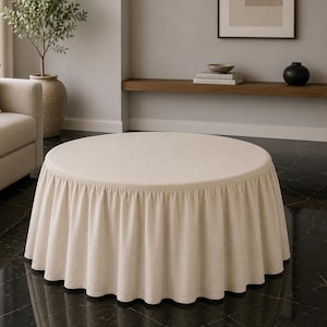 Natural Linen Round Bench Long Ruffle Cover, Entryway Japandi Console Table Bench SlipCover