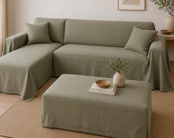 Linen L-Shape Sectional Sofa Slipcover – Sage Green Minimalist Chaise Lounge Cover