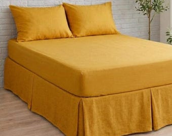 Faldón de cama de lino color mostaza a medida / Faldones de cama divididos hechos a mano Tamaño King Queen Ropa de cama orgánica