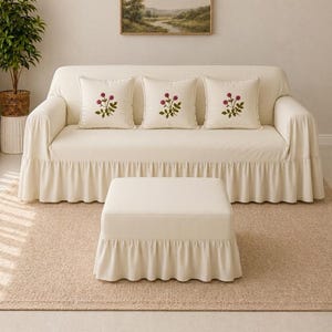 Handgjort linneöverdrag till soffan – Off White 3-sitssoffa, Loveseat, fåtöljfotpall