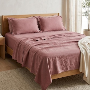 Dusty Rose Linen: Dra-på-lakan och örngott i 4 delar, king size/queen size, ekologiskt lantligt linne