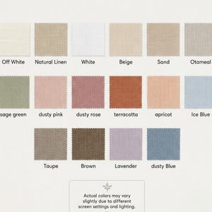 Puede incluir: Una cuadrícula de diecisiete muestras de tela con bordes dentados, que muestra una variedad de colores que incluyen blanco roto, lino natural, blanco, beige, arena, avena, verde salvia, rosa empolvado, rosa viejo, terracota, albaricoque, azul hielo, topo, marrón, lavanda y azul polvo.