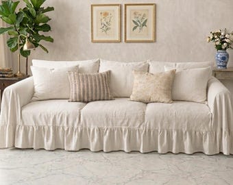 Handmade Organic Linen Ruffle Sofa Cover – Farmhouse Boho Living Room Throw