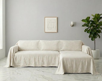Copridivano componibile in lino color bianco sporco, realizzato a mano – Divano angolare con chaise longue e pouf.